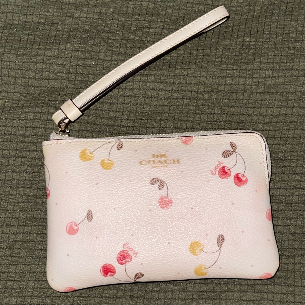 Coach White Wristlet with Cherry and Yellow Print